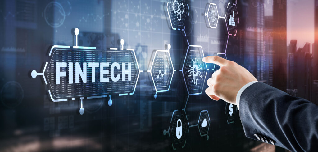 Fintech Investment Financial Technology Concept. 3D Virtual screen Fintech Content CRO Services