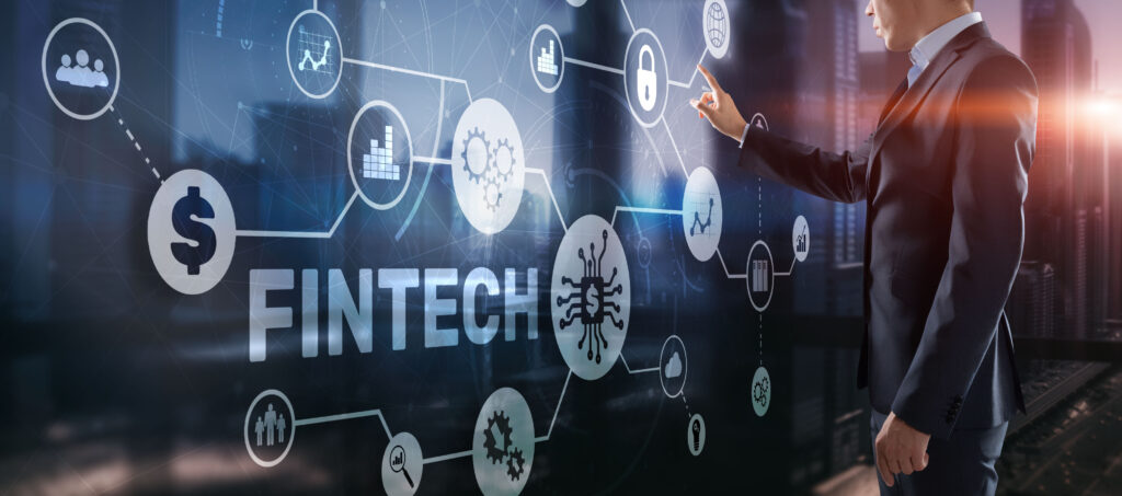 Fintech Investment Financial Technology Concept. 3D Virtual screen Fintech Historical Content Optimization