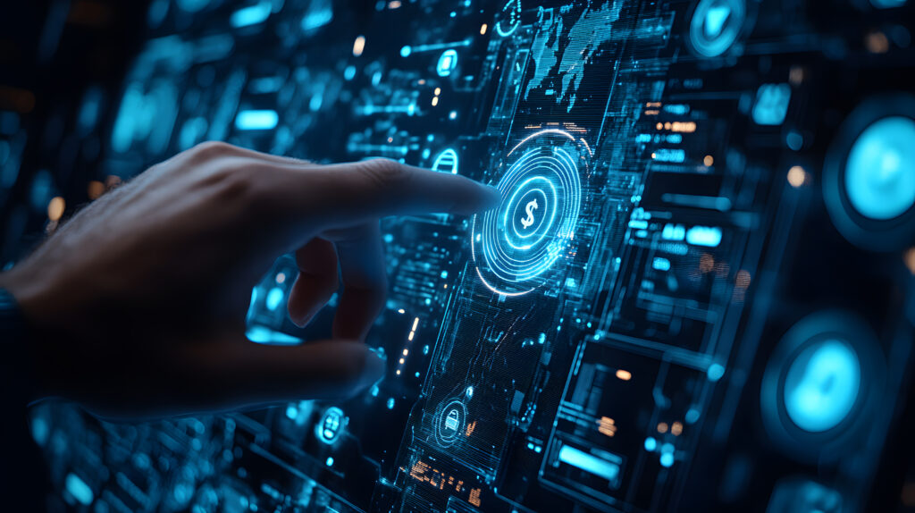 Digital Finance Interface Finger Activating Virtual Dollar, Global Fintech Banking System, Online Currency Exchange, Blockchain Technology Fintech Interactive Infographics