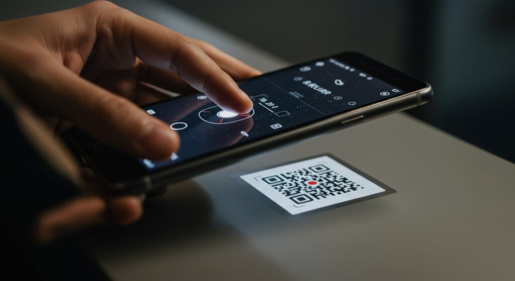 Mobile payment scan with person using smartphone app Fintech Paid Content Promotion